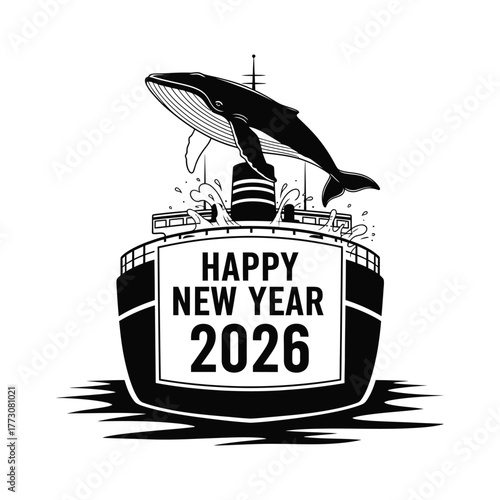 Whimsical whale leaping over a ship deck celebrating happy new year 2026 with festive decorations
