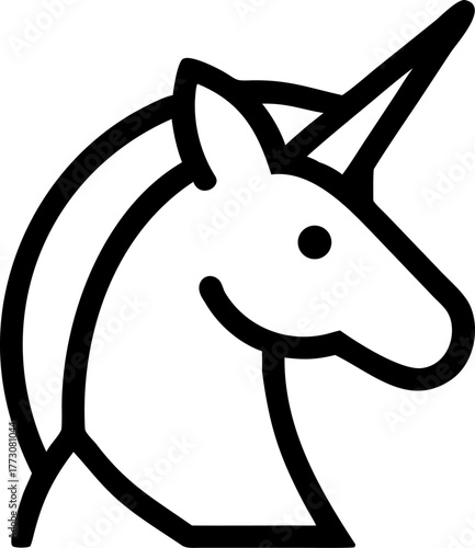 Minimal unicorn icon, abstract fantasy animal symbol, monochrome line design. Simple black white logo, single line sign of magic, dream. Modern minimal unicorn icon.