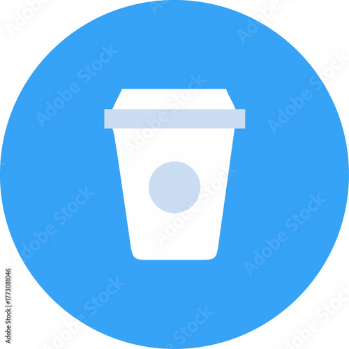 Coffee to go icon, paper cup flat symbol on a blue circle background. Simple minimalist takeaway drink graphic for cafe or breakfast.