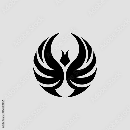 Abstract phoenix icon, mythological bird symbol, monochrome fire design. Modern black white logo, simple sign of strength, eternal life. Stylized abstract phoenix icon.
