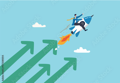 Financial growth, innovation boost profit or sales, increase investment earning or stock market rising up, growing business for success concept, businessman riding rocket booster with growth arrow.