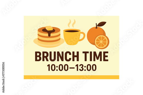 Flat vector banner design text BRUNCH TIME 10:00 13:00 supporting icons of pancakes cup and orange and cream tones