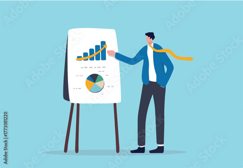 Business presentation, professional speaker to present work progress or investment portfolio concept, smart businessman present business analysis report on whiteboard in company meeting or conference.