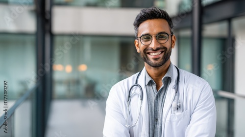 Portrait of happy friendly male Indian latin doctor medical worker wearing white coat with stethoscope around neck standing in modern private clinic looking at camera. Medical healthcare concept., no