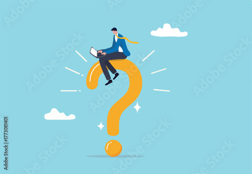 Business problem, solution or answer, solving problem or analyze issue and discover opportunity in trouble and difficulty concept, calmness businessman working with computer on big question mark.