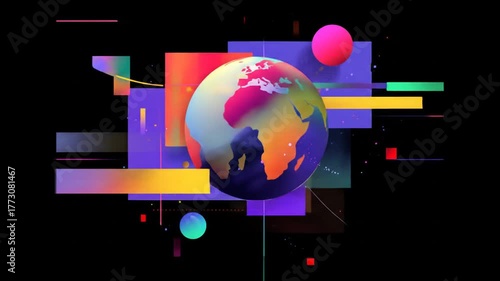 Abstract digital illustration of earth globe with colorful geometric shapes