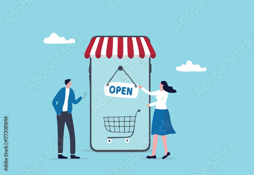 Open online shop or store website for e-commerce to sell product concept, businesswoman flip the open sign on mobile website online store with customer waiting to buy retail products.