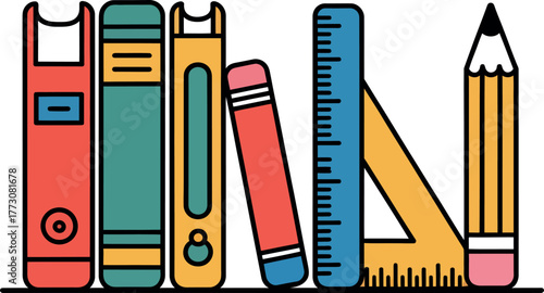 A collection of books, a ruler, and a pencil represent education and learning.