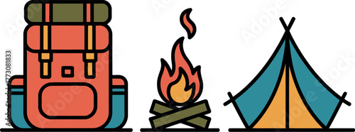 Camping gear including a backpack, campfire, and tent are depicted.