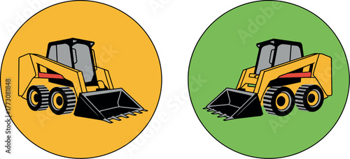 Two identical skid steer loaders are depicted within circles, one yellow and one green.