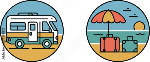 Two circular illustrations depict RV travel and beach vacation with luggage.