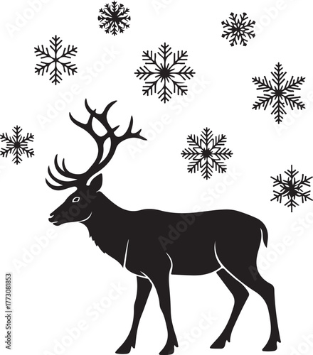 Silhouette of a Deer with Antlers and Falling Snowflakes Design