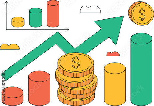 A rising graph with stacks of coins and financial charts indicates business growth.