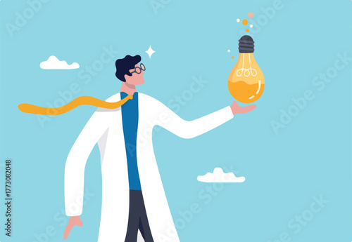 Experiment new creative idea, research to discover and invent new product, entrepreneurship mindset or business analysis concept, businessman experimenting new idea lightbulb to invent new product. 