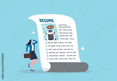 Artificial Intelligence AI replacement on human workforce, job or employment, AI candidate, machine or automation to work position concept, businesswoman HR consider robot AI resume to fill in job.