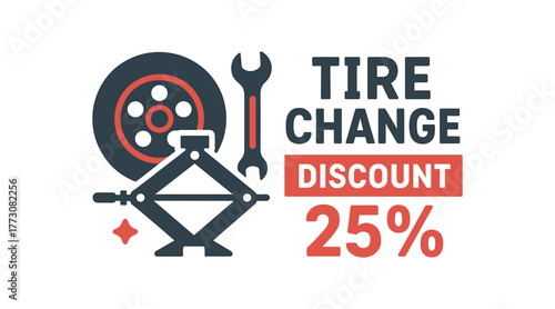 Flat vector banner design text TIRE CHANGE DISCOUNT 25% supporting icons of tire jack and wrench dark gray and red palette