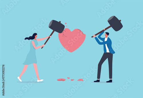 Marriage difficulties problem, divorce or violence or painful in broken relationship couple concept, angry couple husband and wife using big hammer to hit broken heart shape metaphor of family problem