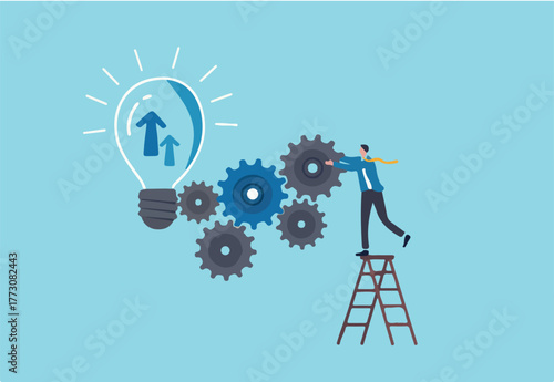 Process improvement, adjustment to improve efficiency or productivity, project progress or development to increase performance concept, businessman put gear into system to improve development process