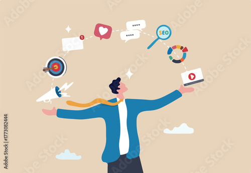Marketing manager, online advertising, social media content or promotion campaign, customer or consumer target audience, branding communication concept, businessman holding viral marketing elements.