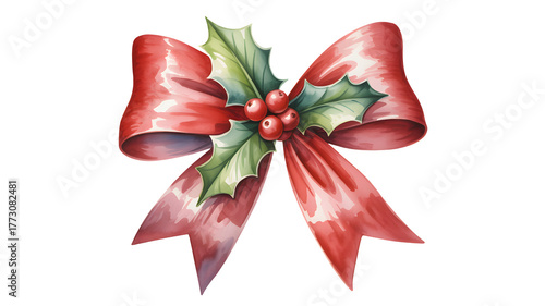 Elegant red satin christmas bow with green holly leaves and red berries isolated on transparent background
