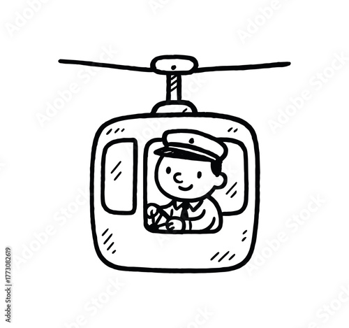 hand drawn cute doodle style funicular cabin driver vector line illustration line isolated on white background