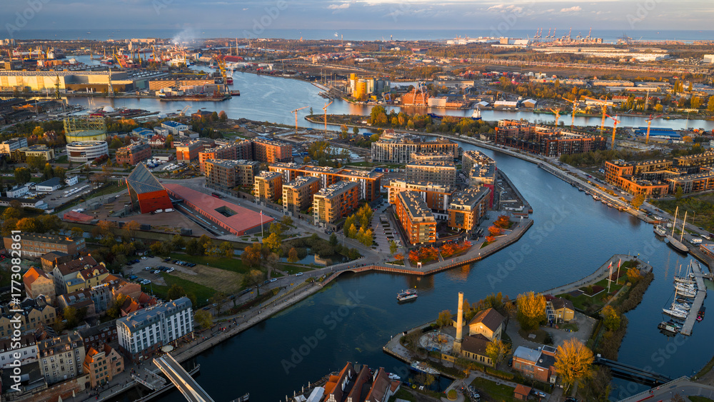 Naklejka premium Aerial late afternoon view of Gdansk with Motlawa River and shipyards