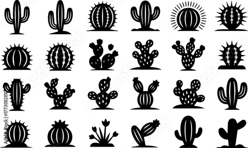 Collection of black cactus silhouette icons for design elements