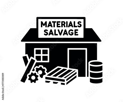 material salvage shop flat black solid vector illustration isolated on white background