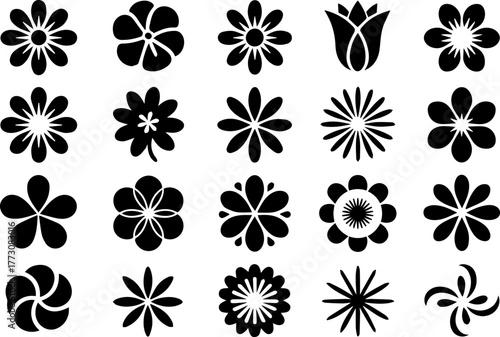 Collection of simple black flower silhouette icons and symbols