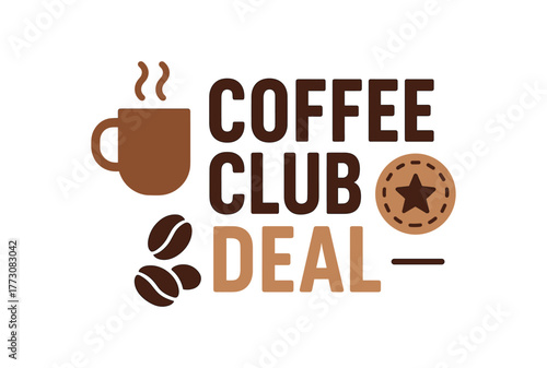 Flat vector banner design text COFFEE CLUB DEAL supporting icons of mug beans and badge brown and beige palette