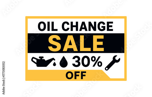 Flat vector banner design text OIL CHANGE SALE 30% OFF supporting icons of oil can drop and wrench black and palette