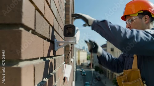 technician secures security system to urban building facade safely, expert installing surveillance equipment onto brick surface while ensuring safety and proper alignment in busy city