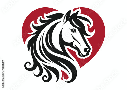 Black and white horse head on red heart background