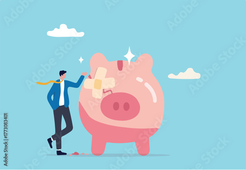 Fix financial problem, investment or saving impacted by crisis or inflation, bankruptcy, deposit or budget concept, poor cracked piggy bank with bandage metaphor of fixing problem.