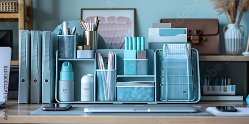 Organized desk with modern stationery and office supplies, creating a tidy workspace.