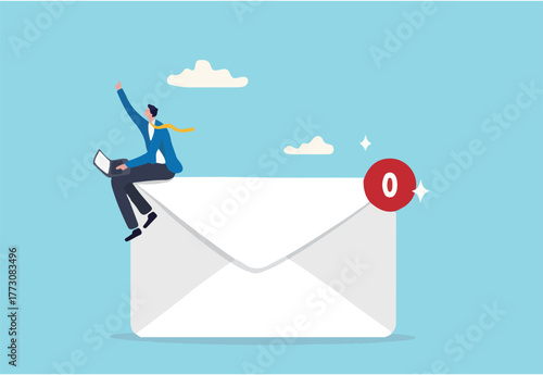 Email management, handle many emails or manage to reply all emails, efficiency or productive way, prioritize or categorize information concept, businessman work with computer laptop on email envelope.