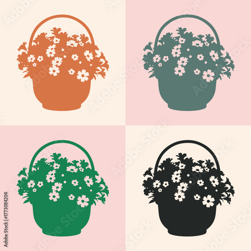 Four stylized flower baskets in different colors on a pink background