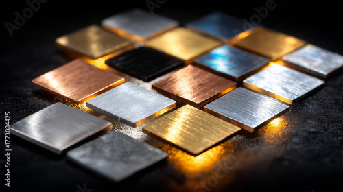 Macro photograph of assorted polished metal samples