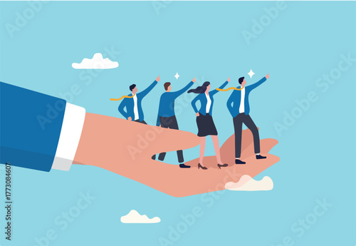 Company culture or employees sharing the same value, goals and attitude to make up organization and corporate success concept, business people employees pointing to the same goal in company hand.