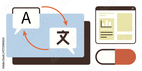 Speech bubbles with language symbols connected by arrows, digital screen with data, tablet capsule. Ideal for translation, communication, software, technology, healthcare learning education. Simple