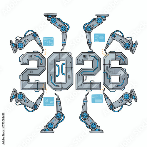 Robotic arms assemble the year 2026 with futuristic industrial technology and digital displays
