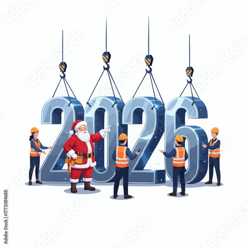 Santa claus and construction workers build the year 2025 with cranes and large metallic numbers