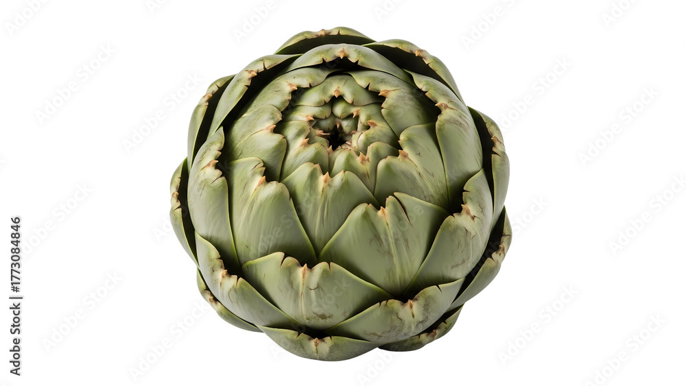 Fototapeta premium A fresh green whole artichoke vegetable with a closed top view, isolated on a transparent background