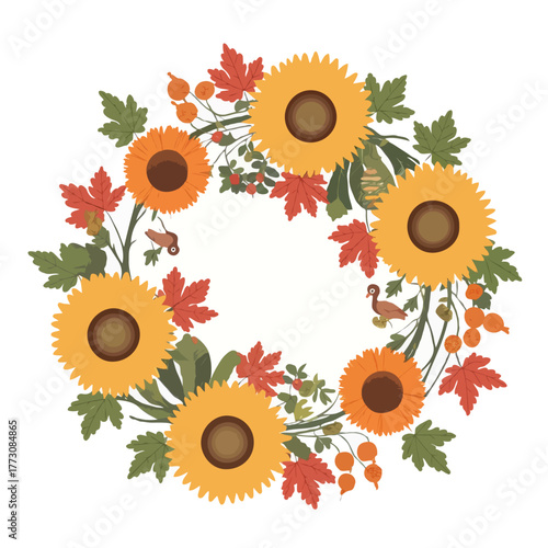 A beautiful circular wreath composed of bright yellow sunflowers and vibrant red and orange autumn leaves isolated on white background