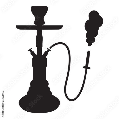 Hookah Silhouette Vector — Black and White Illustration of Traditional Water Pipe with Hose, Bowl, and Rising Smoke