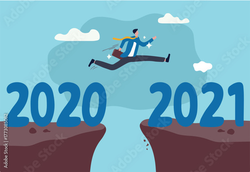 New year 2021 hope for business recovery, change year from 2020 to 2021 calendar or new challenge coming concept, confident success businessman attempt to jump high overcome risk to next cliff.