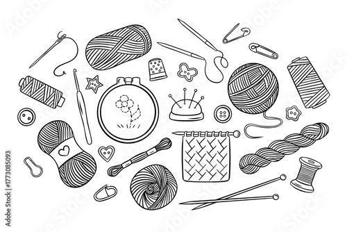 big vector set, knitting and embroidery, accessories and tools for needlework, yarn, knitting needles, buttons, pins, needles, simple black and white icons, doodle and sketch style