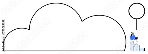 Cloud outline with sitting individual using a laptop on stacked books. Ideal for technology, education, teamwork, creativity, innovation, cloud storage, remote work. A simple flat metaphor