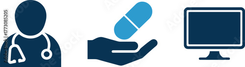 Set of medical and healthcare icons including doctor medicine and computer simple flat vector design for web and mobile apps