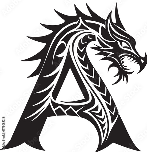 Dragon Letter A Vector — Black and White Tribal-Style Illustration of Fierce Mythical Dragon Integrated into Gothic Typography